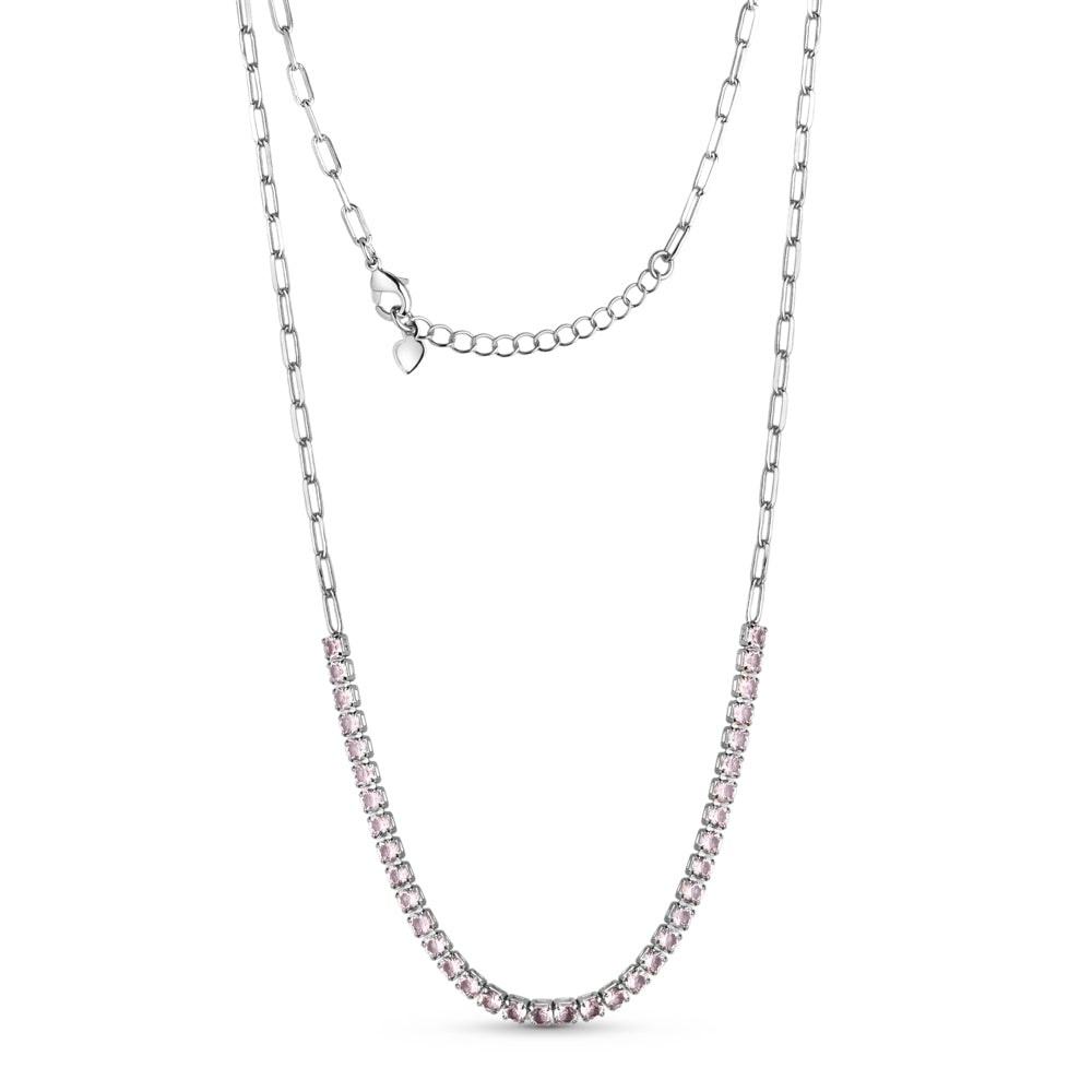 Choker Elos com Zircônias Rosa Claro Banhada a Prata