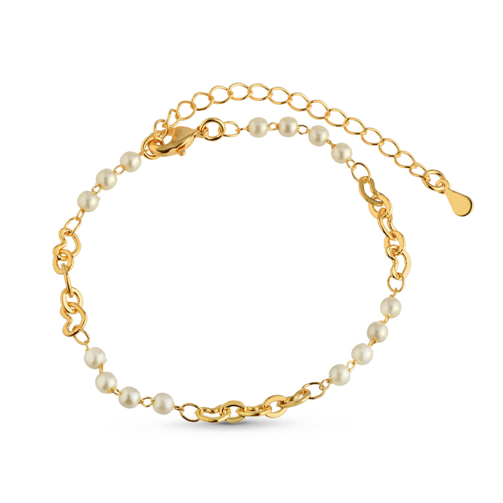 Pulseira Pérolas com Elos de Coração Banhada a Ouro 18k
