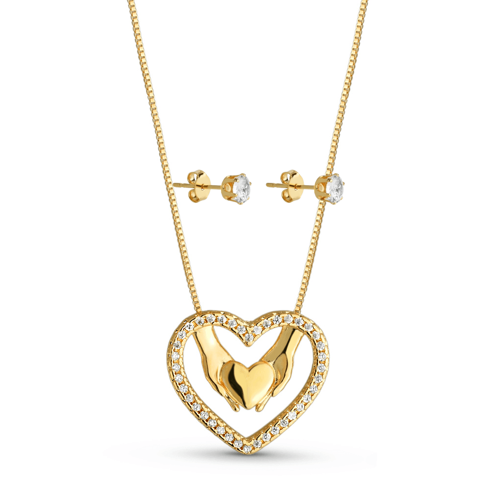 Conjunto Coração Cravejado Banhado a Ouro 18k